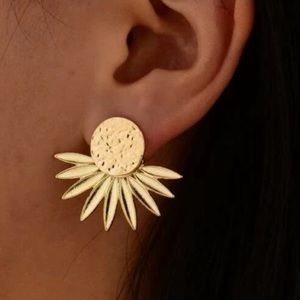 NWT 2 Pairs in 1 Golden Sunburst Geometric Luxury Statement Jacket Earrings